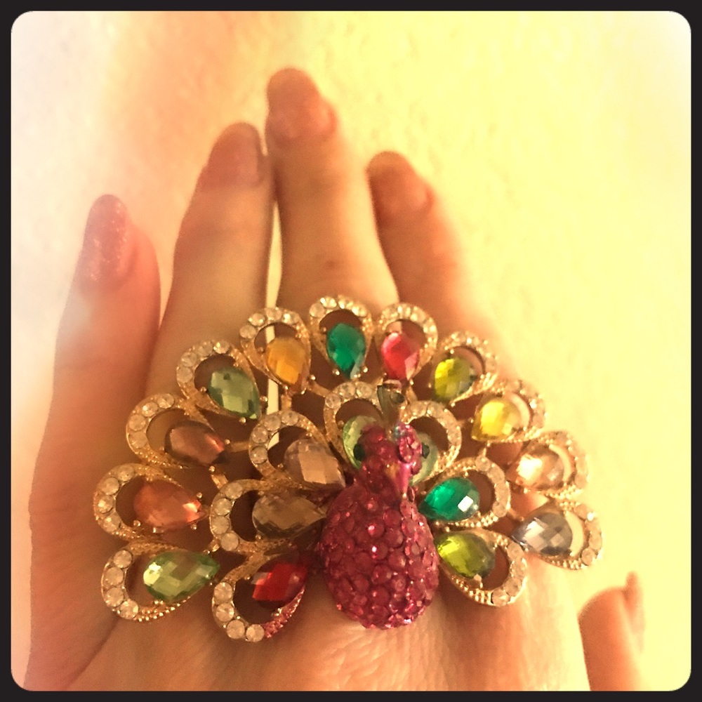 Pink peacock cocktail ring